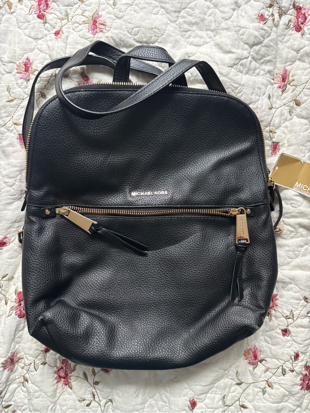 Michael Kors Black Pebbled Leather Backpack with Gold Accents